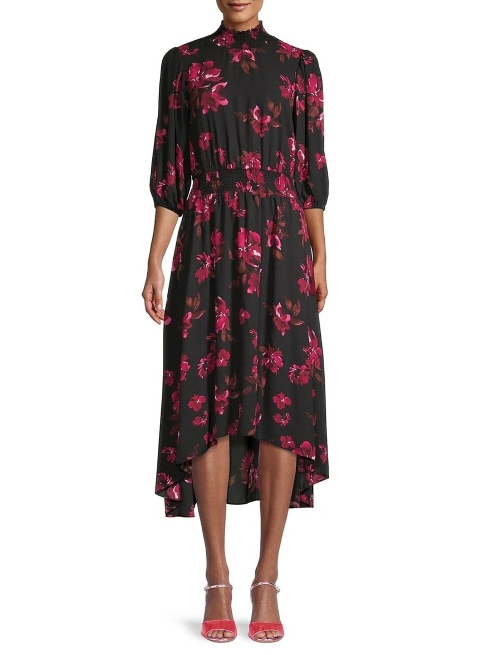 Nanette Lepore High-Low Floral Midi Dress with Pink Bloom Print - #95